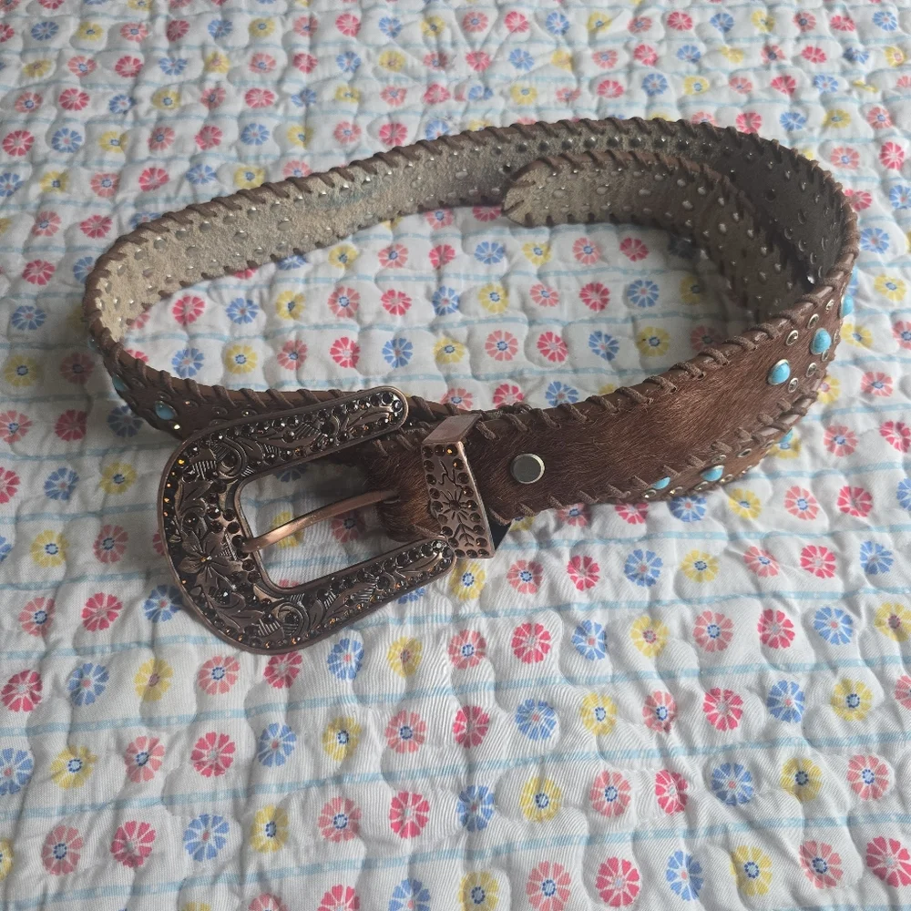 Brown Belt with Turquoise Accents M.L - Picture 2 of 8